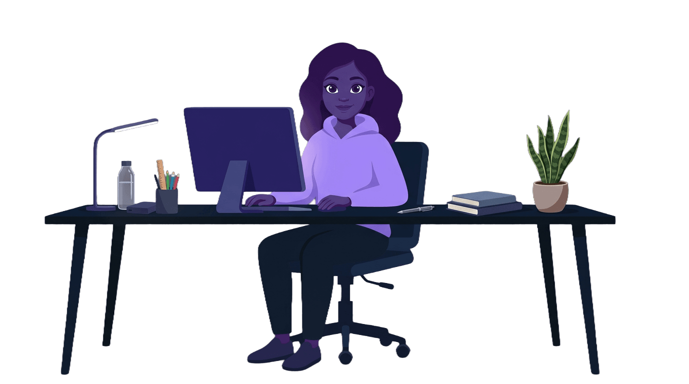 Illustrated desk scene of Ahrianna working at a computer